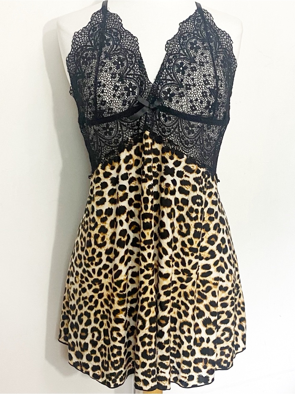 Black Lace Sheer Bodice Silky Animal Print Skirt Chemise Adjustable Straps 4X